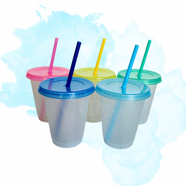 16oz Glitter Cold Cups with Colored Lids